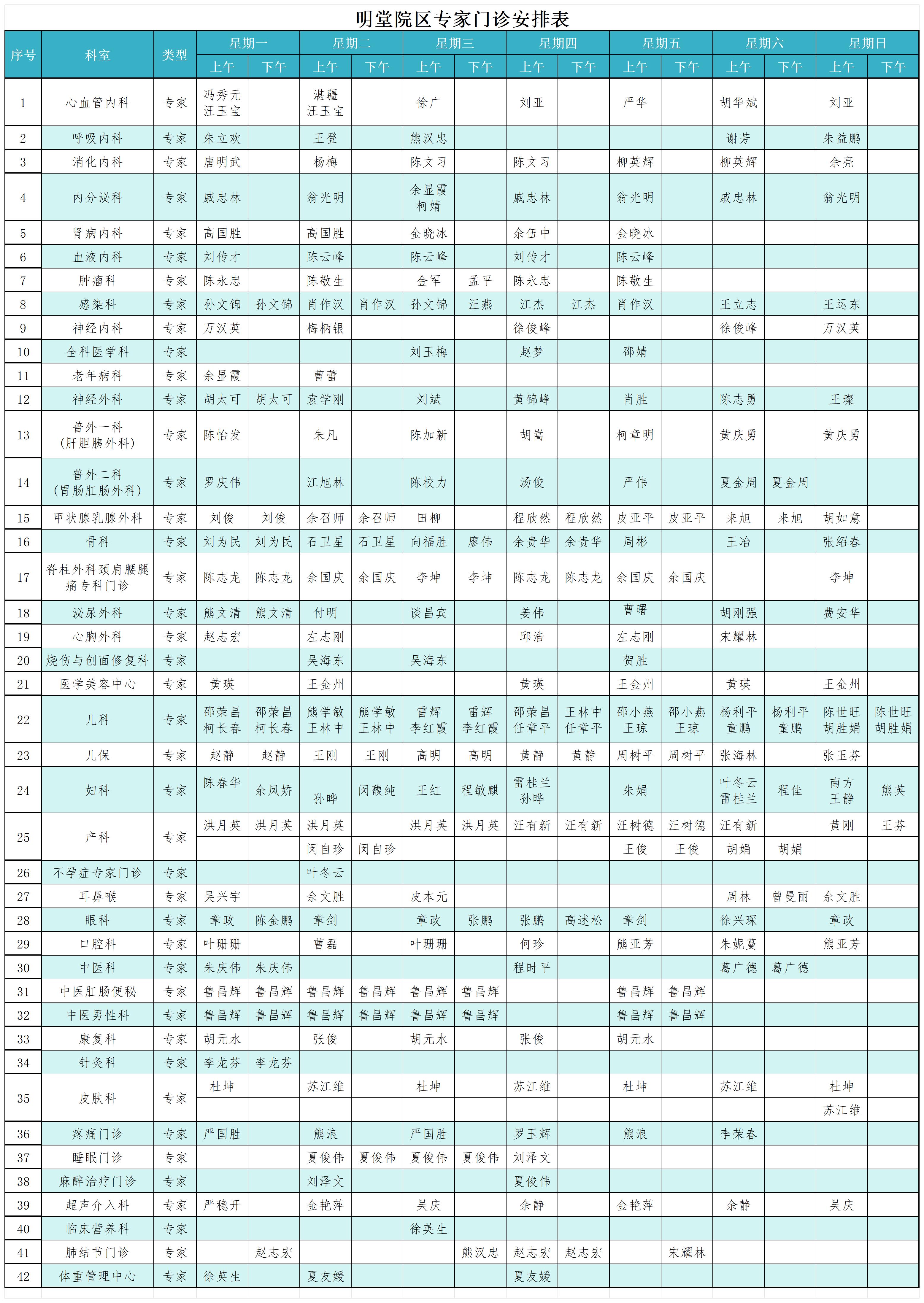 明堂院区专家门诊排班表（2026.4修订）_Sheet1(1)