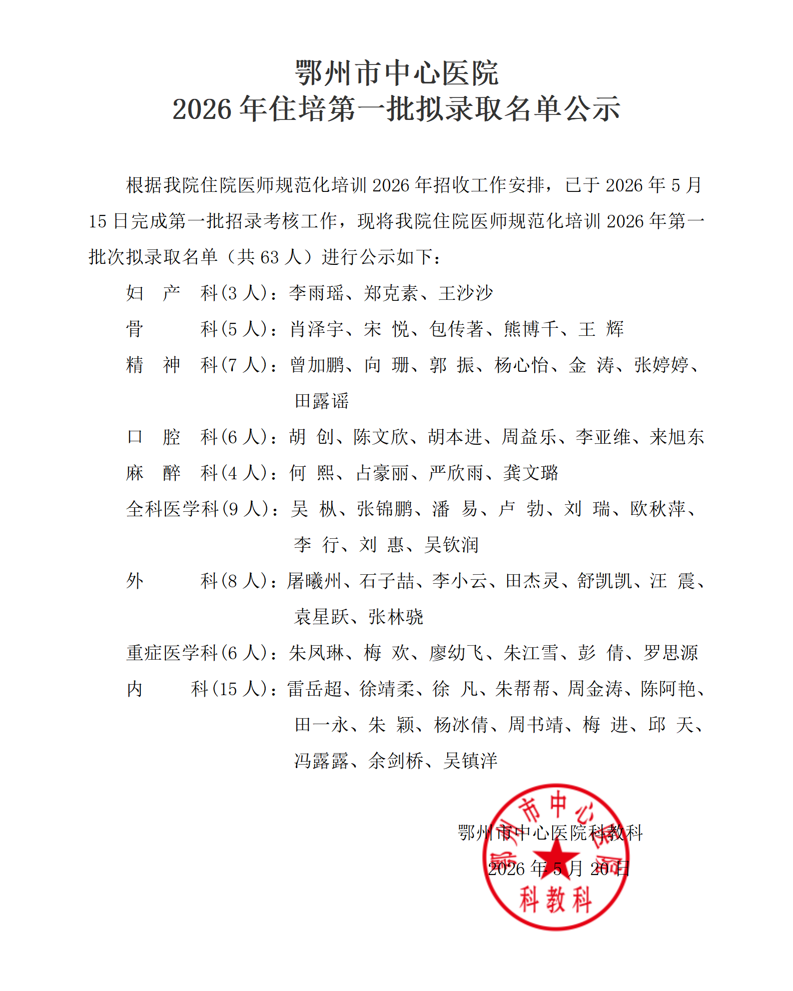 2026年住培第一批拟招录名单
